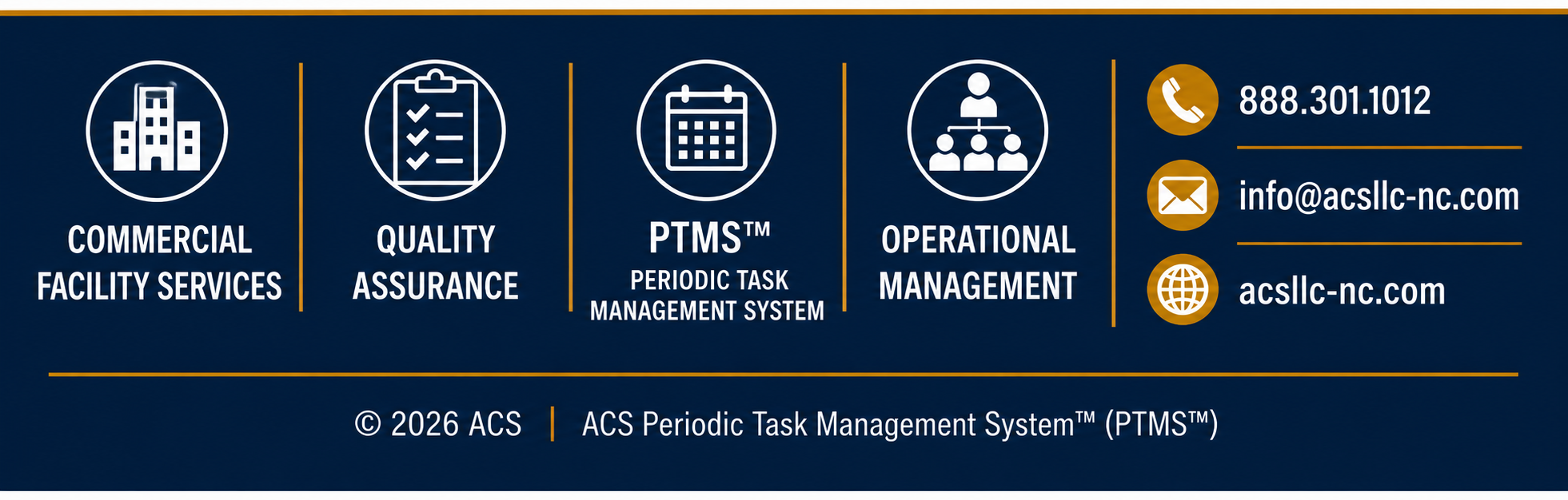 ACS services: Commercial Facility Services, Quality Assurance, PTMS Periodic Task Management System, Operational Management. Phone 888.301.1012, email info@acsllc-nc.com, website acsllc-nc.com.