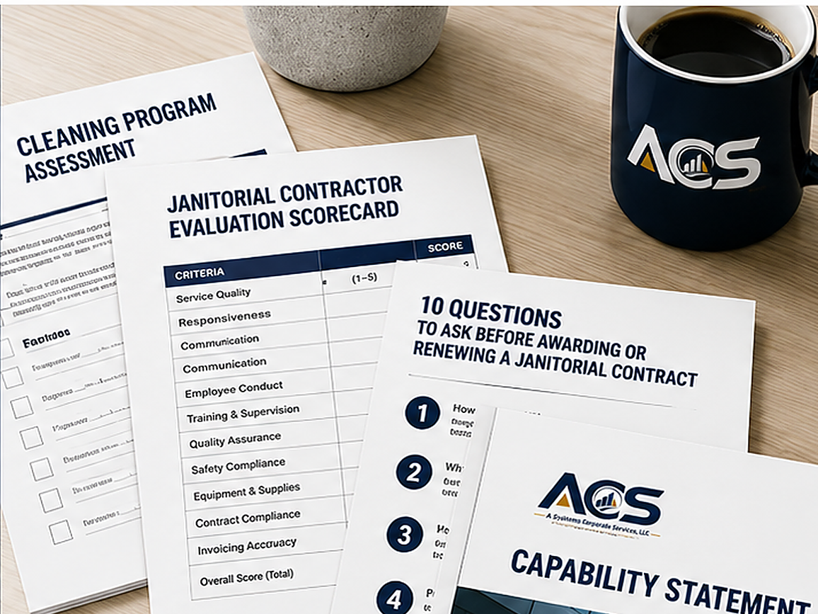 Four complimentary ACS downloadable resources: facility cleaning self-assessment, janitorial contractor evaluation scorecard, contract buyer questions, and capability statement